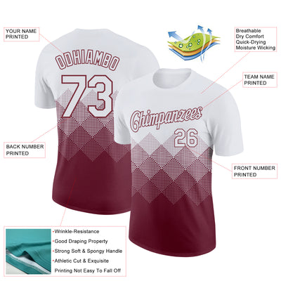 Custom White Burgundy 3D Pattern Design Gradient Square Shapes Performance T-Shirt