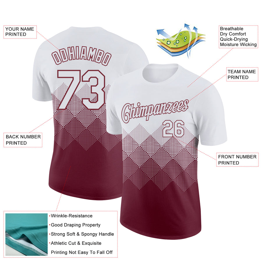 Custom White Burgundy 3D Pattern Design Gradient Square Shapes Performance T-Shirt