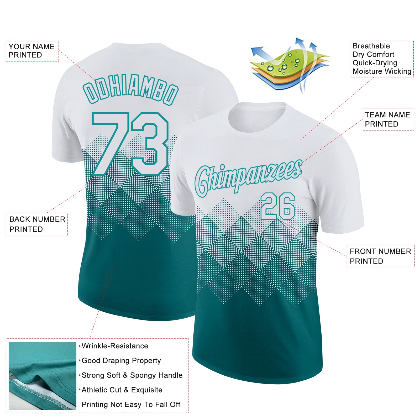 Custom White Teal 3D Pattern Design Gradient Square Shapes Performance T-Shirt