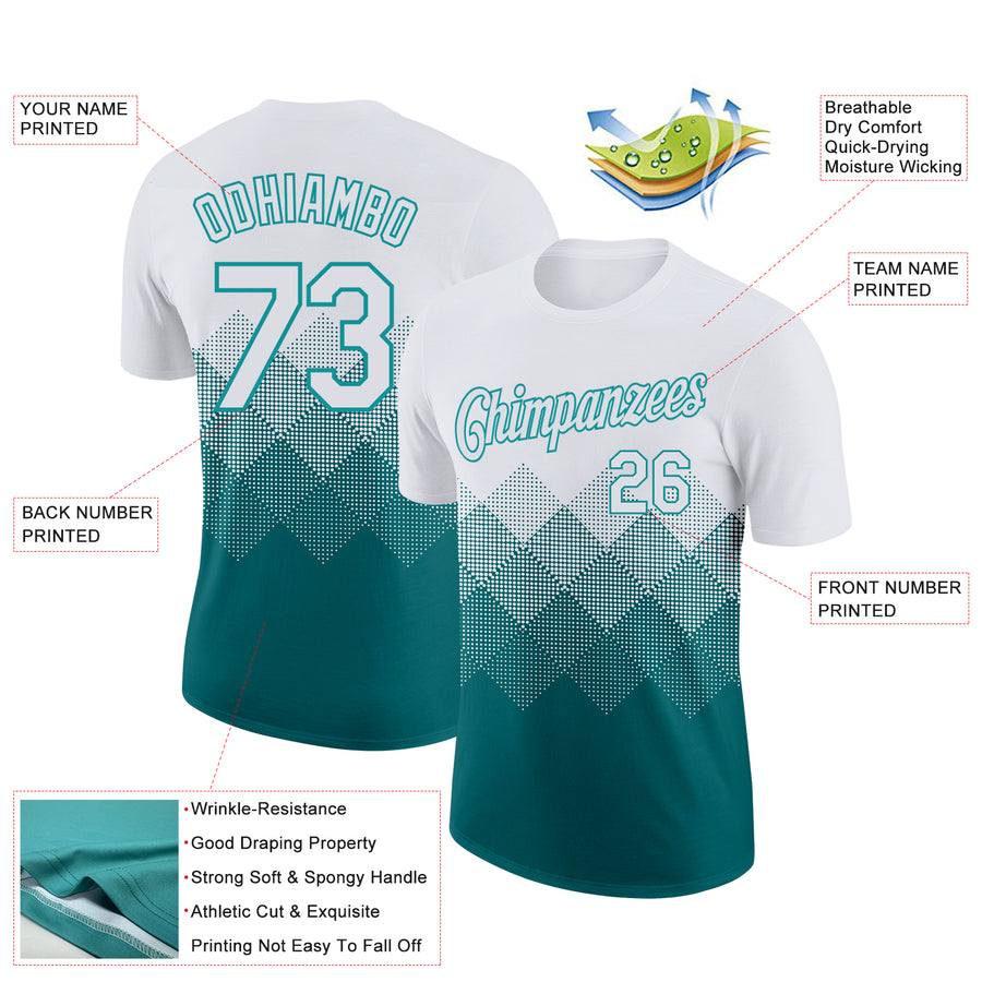 Custom White Teal 3D Pattern Design Gradient Square Shapes Performance T-Shirt