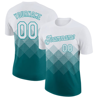 Custom White Teal 3D Pattern Design Gradient Square Shapes Performance T-Shirt