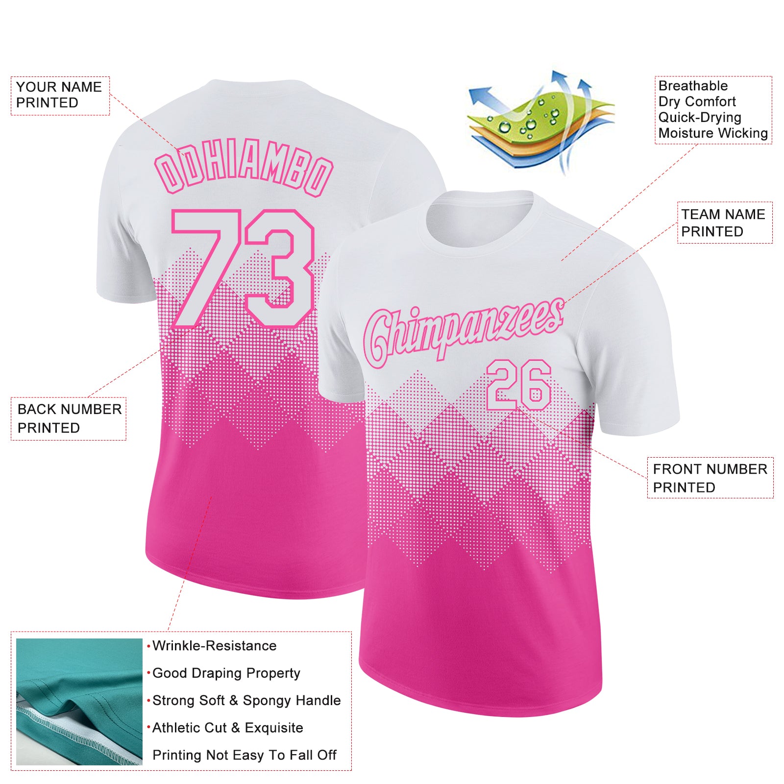 Custom White Pink 3D Pattern Design Gradient Square Shapes Performance T-Shirt
