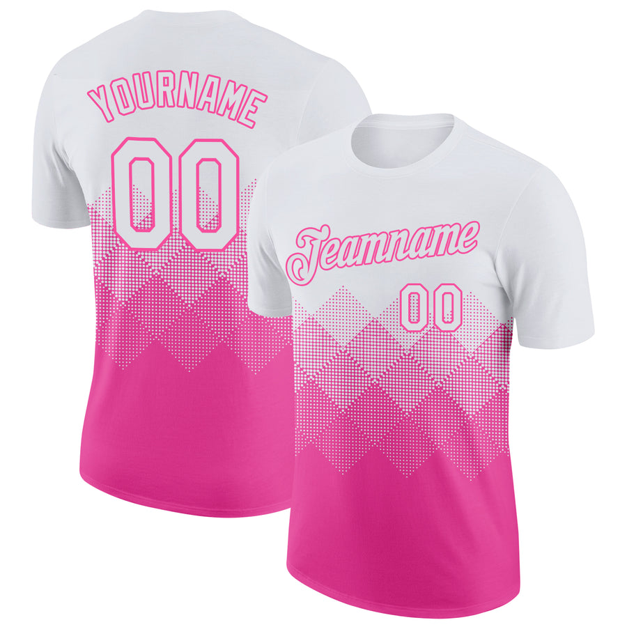 Custom White Pink 3D Pattern Design Gradient Square Shapes Performance T-Shirt