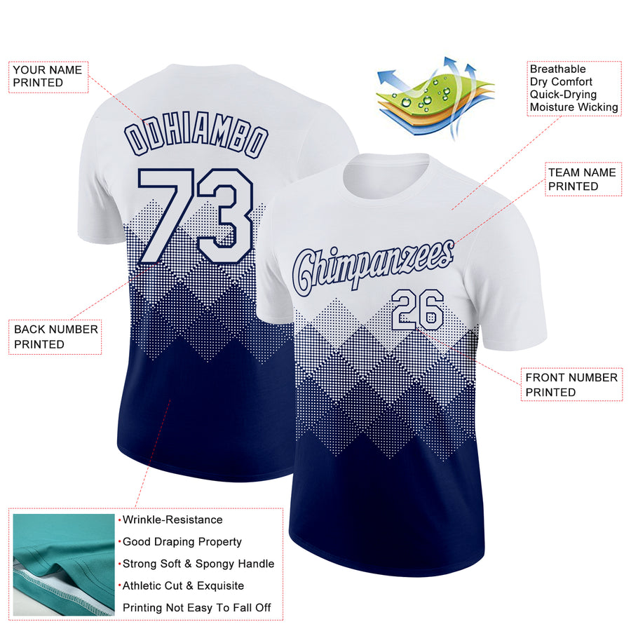 Custom White Navy 3D Pattern Design Gradient Square Shapes Performance T-Shirt