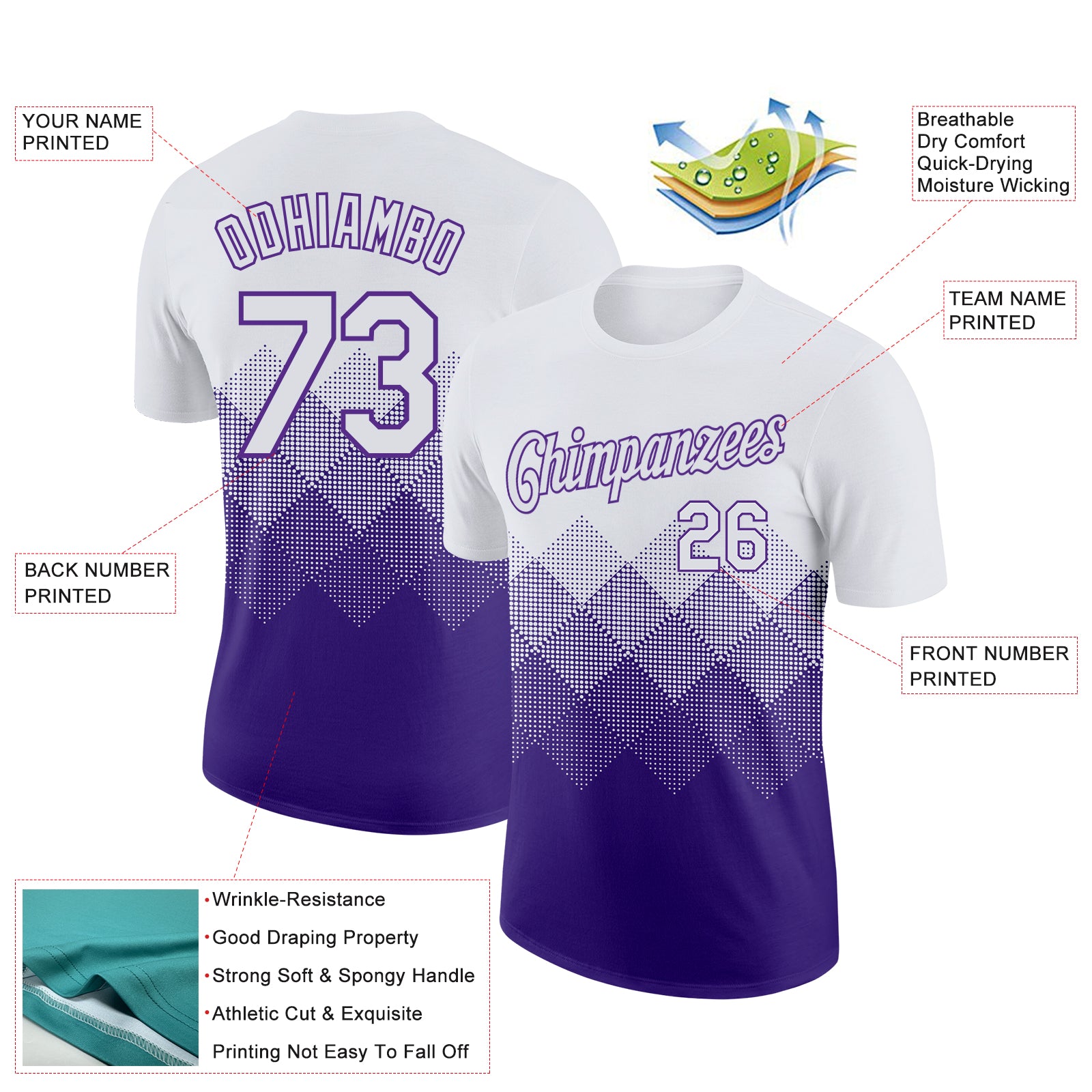 Custom White Purple 3D Pattern Design Gradient Square Shapes Performance T-Shirt