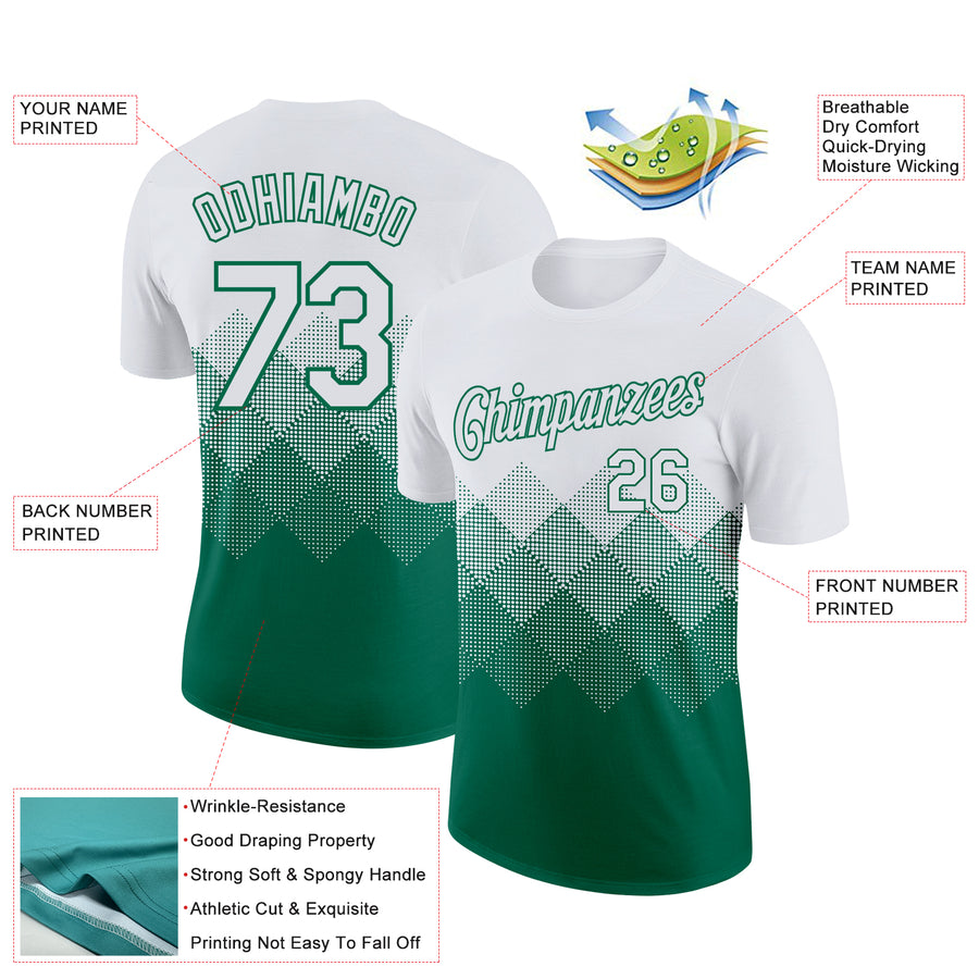 Custom White Kelly Green 3D Pattern Design Gradient Square Shapes Performance T-Shirt