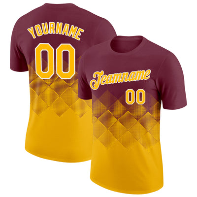 Custom Burgundy Gold-White 3D Pattern Design Gradient Square Shapes Performance T-Shirt