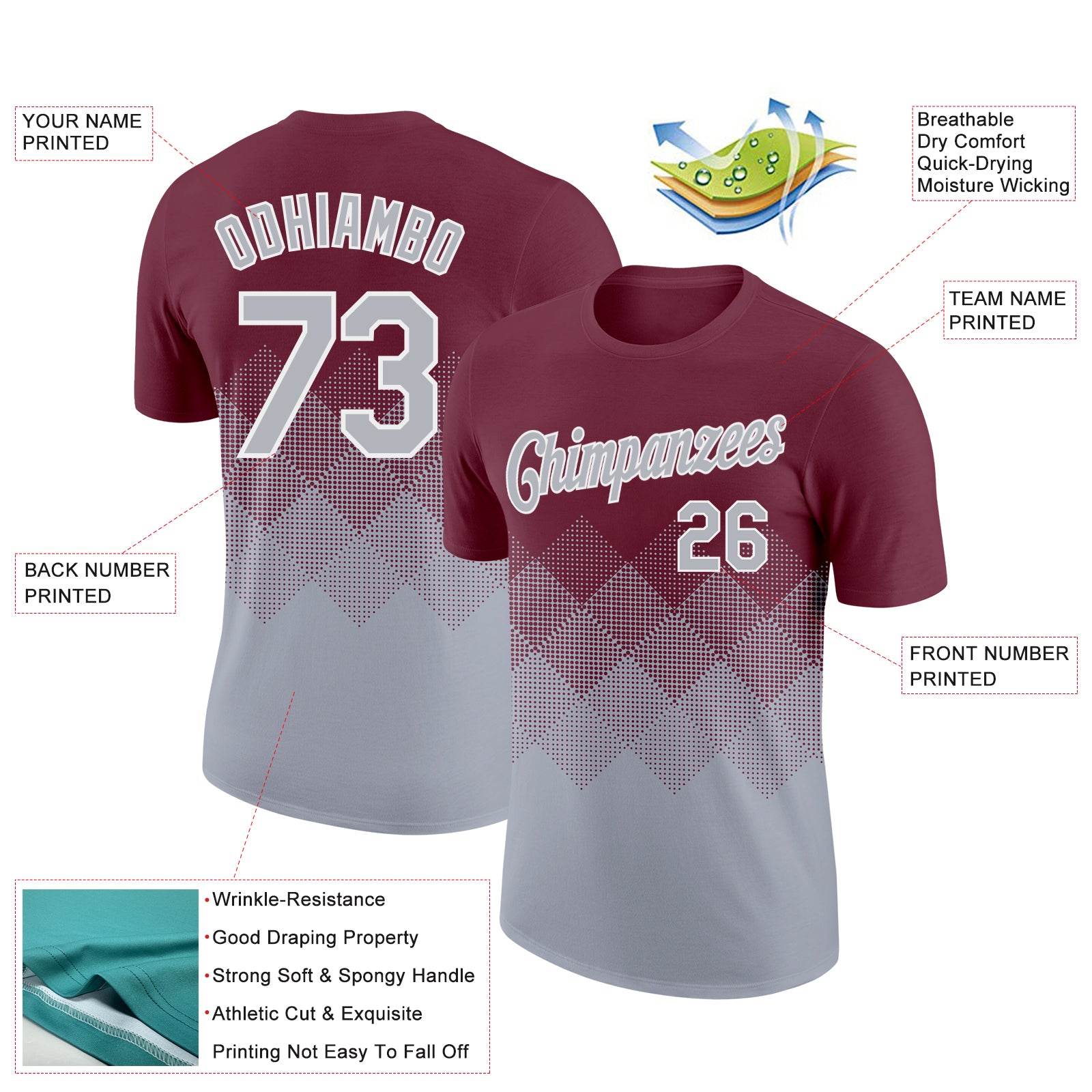 Custom Burgundy Gray-White 3D Pattern Design Gradient Square Shapes Performance T-Shirt