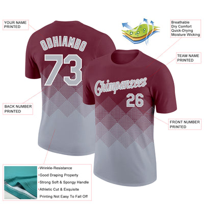 Custom Burgundy Gray-White 3D Pattern Design Gradient Square Shapes Performance T-Shirt