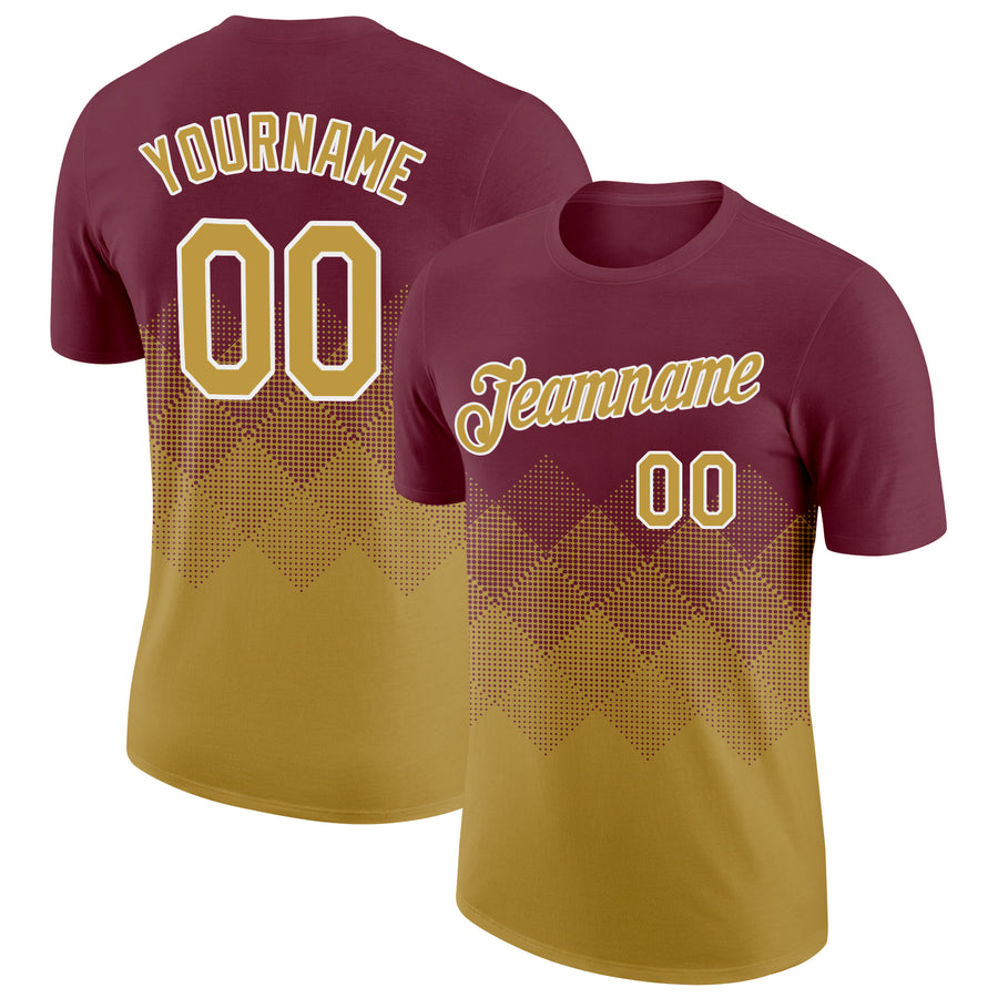Custom Burgundy Old Gold-White 3D Pattern Design Gradient Square Shapes Performance T-Shirt