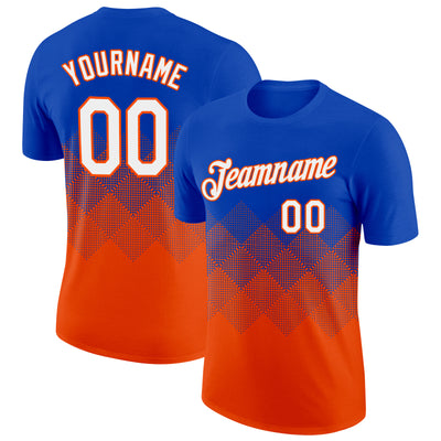 Custom Thunder Blue White-Orange 3D Pattern Design Gradient Square Shapes Performance T-Shirt