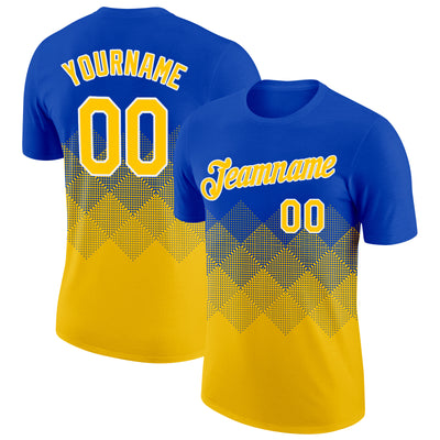Custom Thunder Blue Yellow-White 3D Pattern Design Gradient Square Shapes Performance T-Shirt