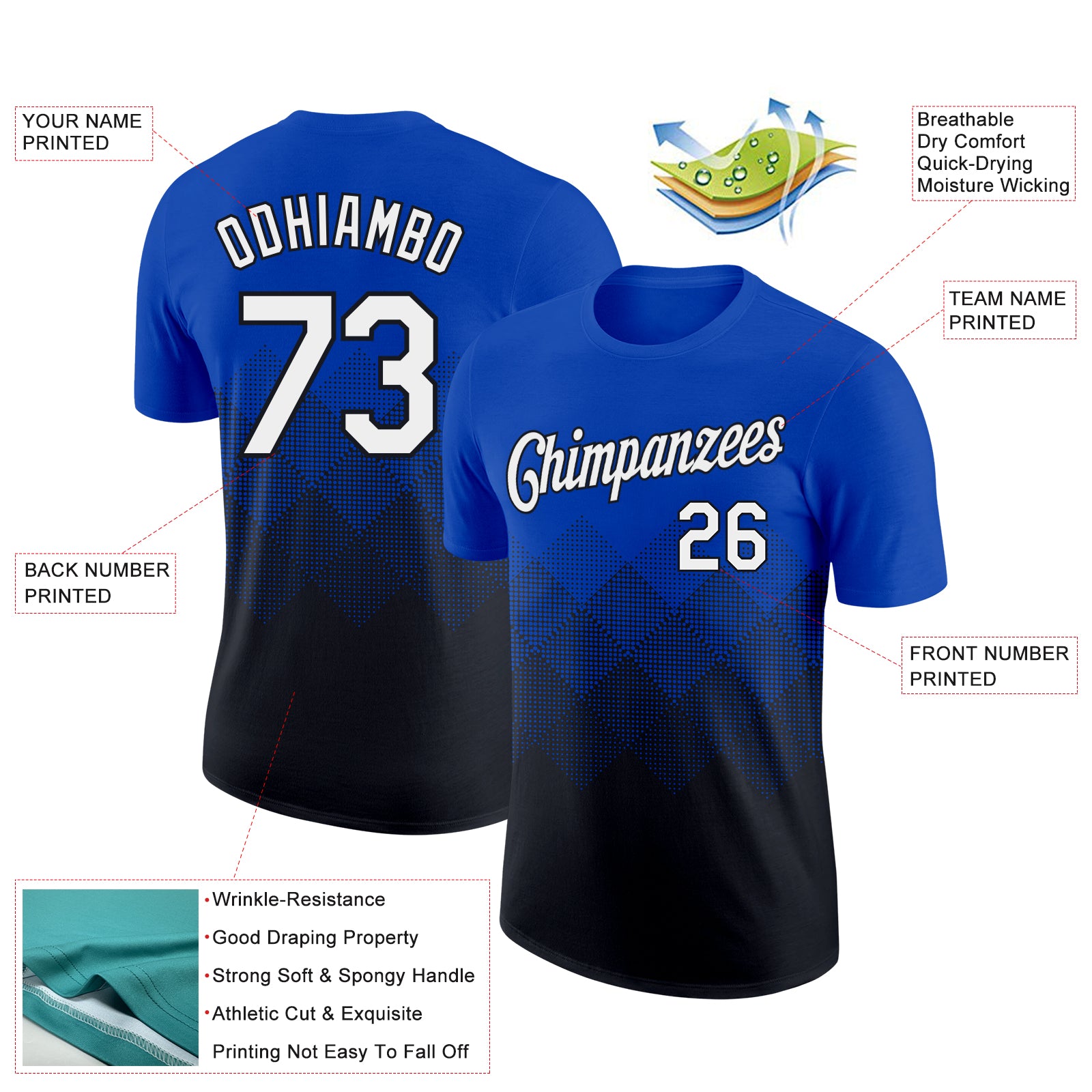 Custom Thunder Blue White-Black 3D Pattern Design Gradient Square Shapes Performance T-Shirt