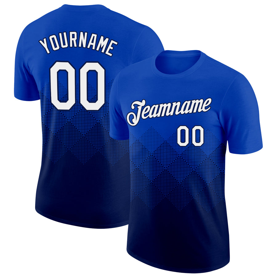 Custom Thunder Blue White-Navy 3D Pattern Design Gradient Square Shapes Performance T-Shirt