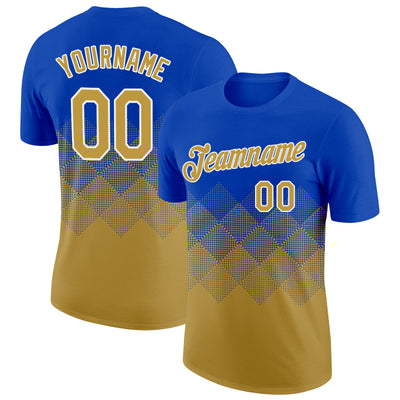 Custom Thunder Blue Old Gold-White 3D Pattern Design Gradient Square Shapes Performance T-Shirt