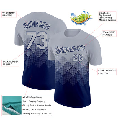 Custom Gray Navy 3D Pattern Design Gradient Square Shapes Performance T-Shirt