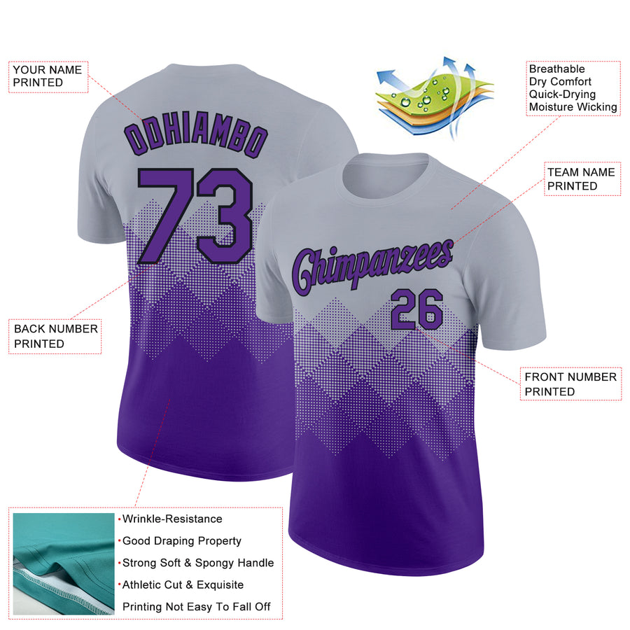 Custom Gray Purple-Black 3D Pattern Design Gradient Square Shapes Performance T-Shirt