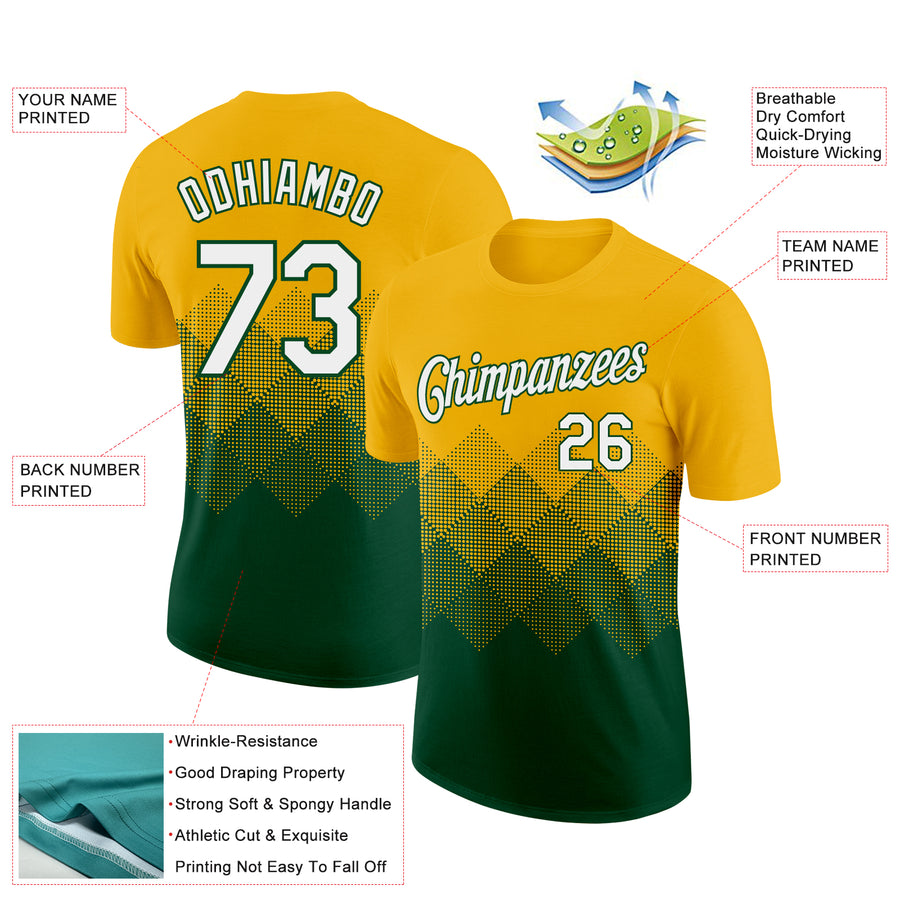 Custom Gold White-Green 3D Pattern Design Gradient Square Shapes Performance T-Shirt