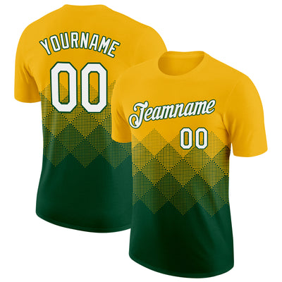 Custom Gold White-Green 3D Pattern Design Gradient Square Shapes Performance T-Shirt