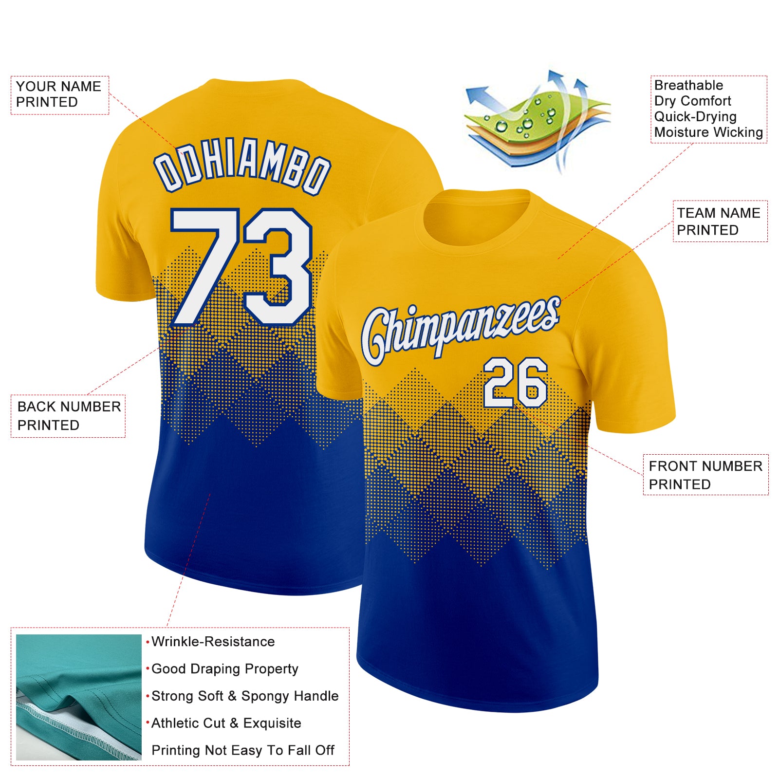 Custom Gold White-Royal 3D Pattern Design Gradient Square Shapes Performance T-Shirt