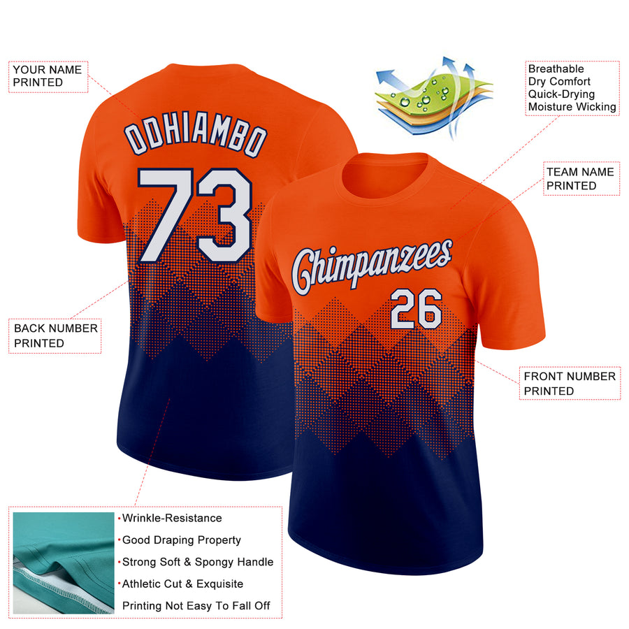 Custom Orange White-Navy 3D Pattern Design Gradient Square Shapes Performance T-Shirt