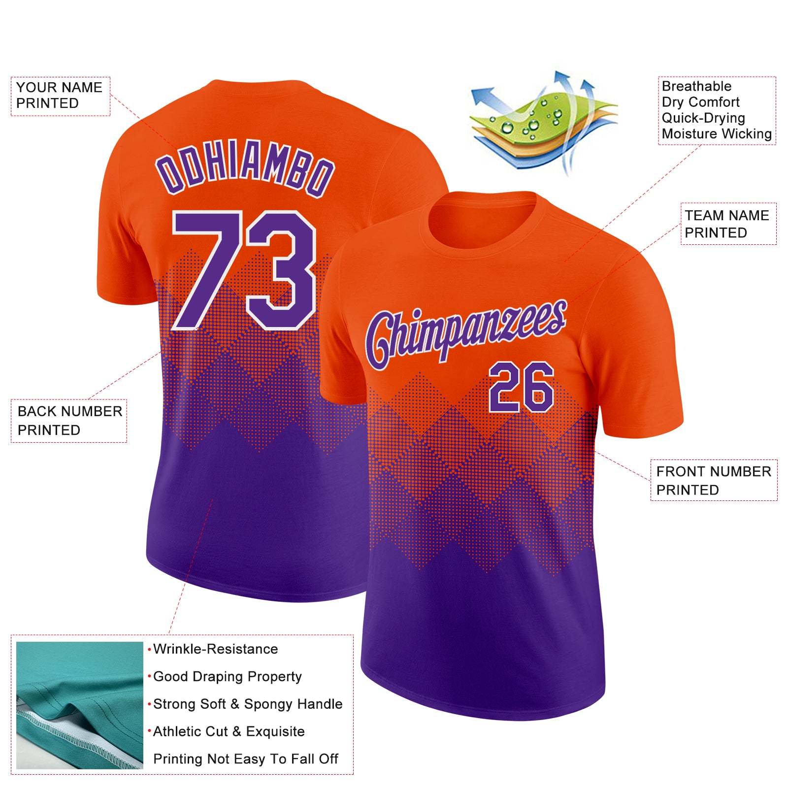 Custom Orange Purple-White 3D Pattern Design Gradient Square Shapes Performance T-Shirt