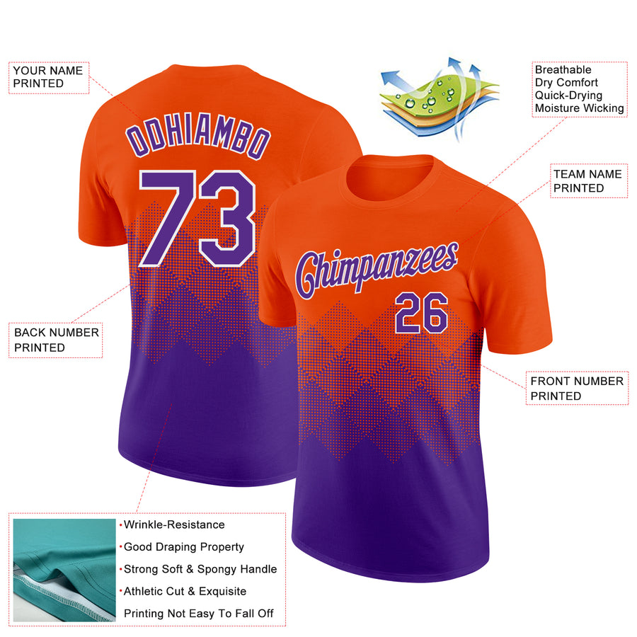 Custom Orange Purple-White 3D Pattern Design Gradient Square Shapes Performance T-Shirt