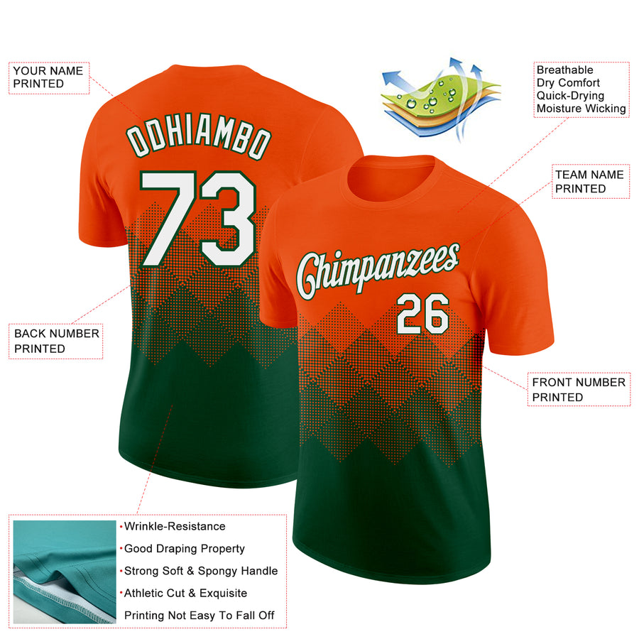 Custom Orange White-Green 3D Pattern Design Gradient Square Shapes Performance T-Shirt