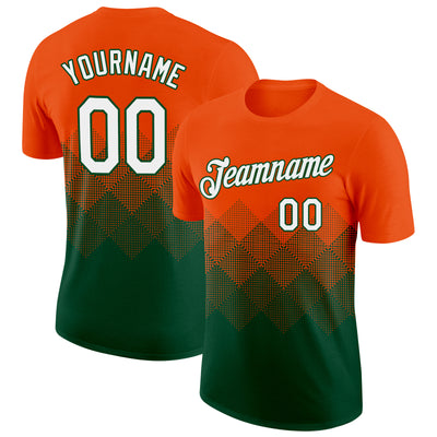 Custom Orange White-Green 3D Pattern Design Gradient Square Shapes Performance T-Shirt