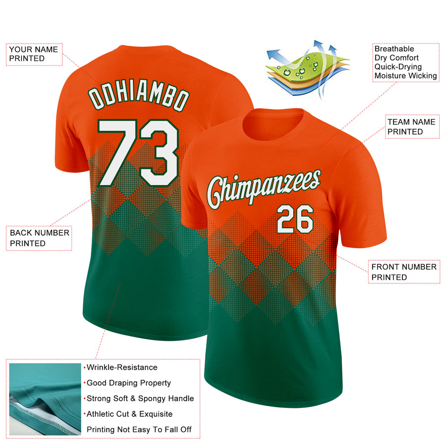 Custom Orange White-Kelly Green 3D Pattern Design Gradient Square Shapes Performance T-Shirt
