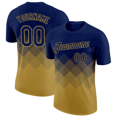 Custom Navy Old Gold 3D Pattern Design Gradient Square Shapes Performance T-Shirt