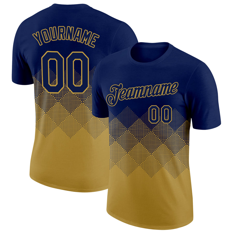 Custom Navy Old Gold 3D Pattern Design Gradient Square Shapes Performance T-Shirt