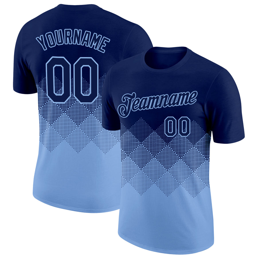 Custom Navy Light Blue 3D Pattern Design Gradient Square Shapes Performance T-Shirt