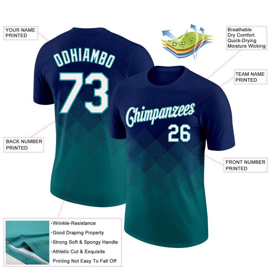 Custom Navy White-Teal 3D Pattern Design Gradient Square Shapes Performance T-Shirt