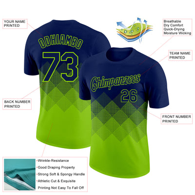 Custom Navy Neon Green 3D Pattern Design Gradient Square Shapes Performance T-Shirt