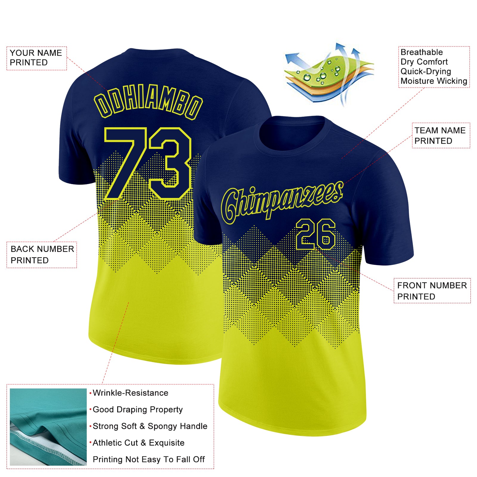 Custom Navy Neon Yellow 3D Pattern Design Gradient Square Shapes Performance T-Shirt
