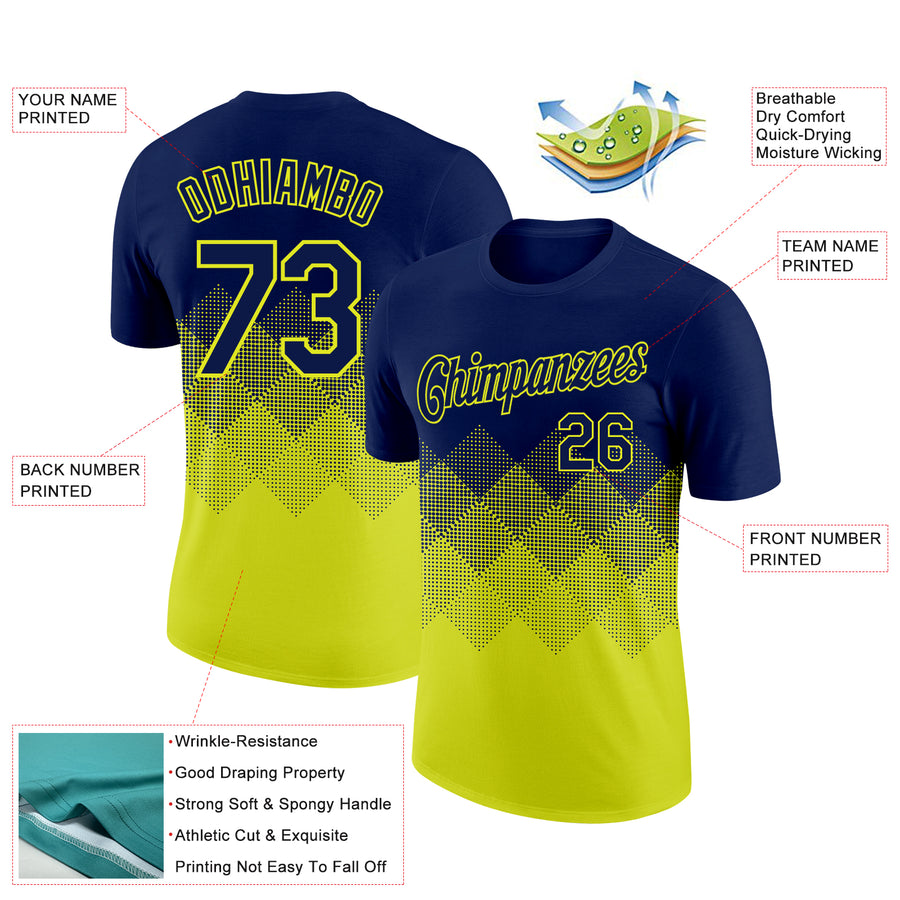 Custom Navy Neon Yellow 3D Pattern Design Gradient Square Shapes Performance T-Shirt