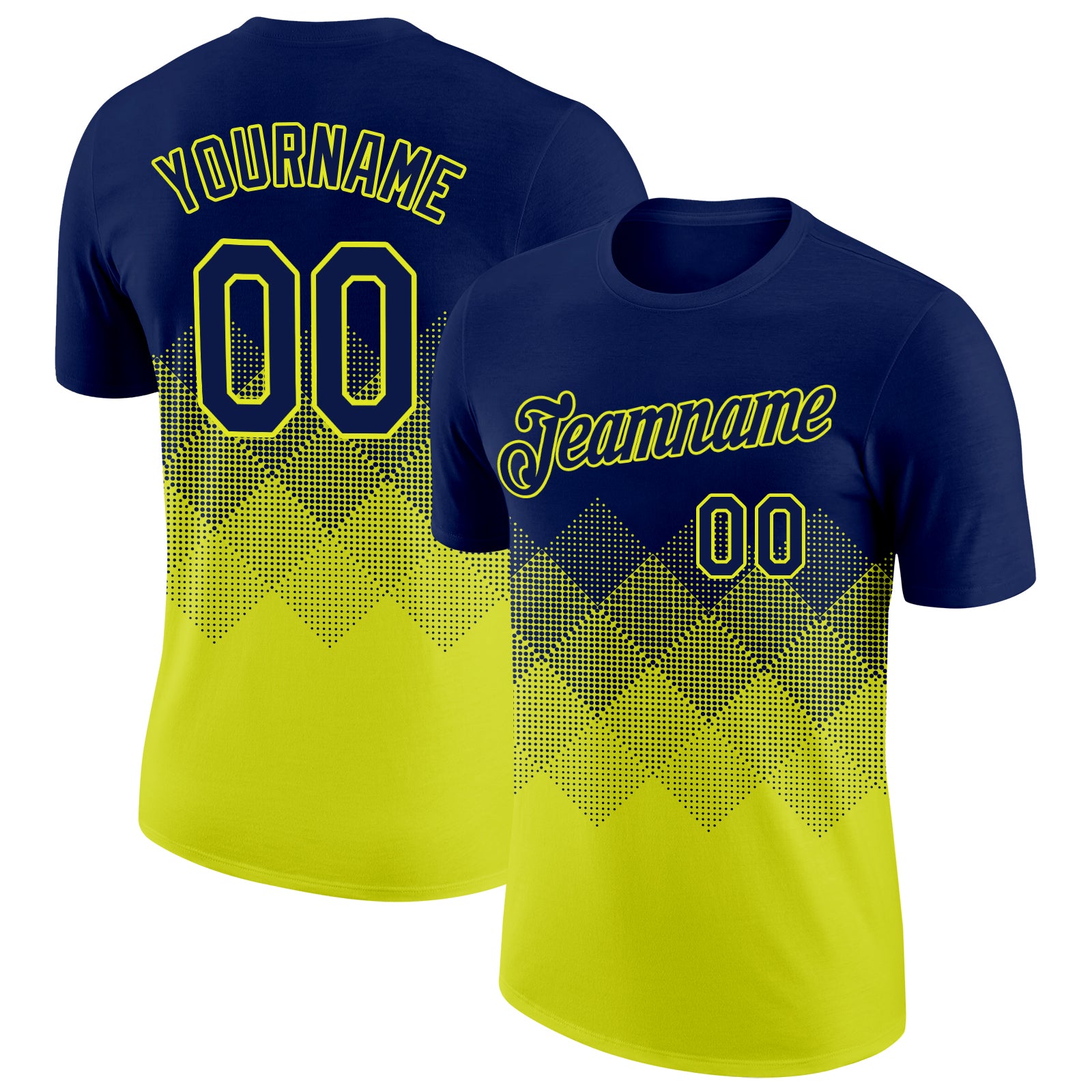 Custom Navy Neon Yellow 3D Pattern Design Gradient Square Shapes Performance T-Shirt