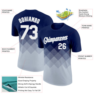 Custom Navy White-Silver 3D Pattern Design Gradient Square Shapes Performance T-Shirt