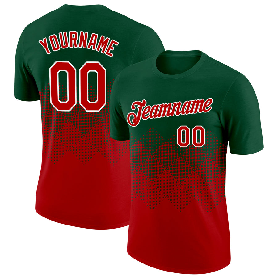 Custom Green Red-White 3D Pattern Design Gradient Square Shapes Performance T-Shirt