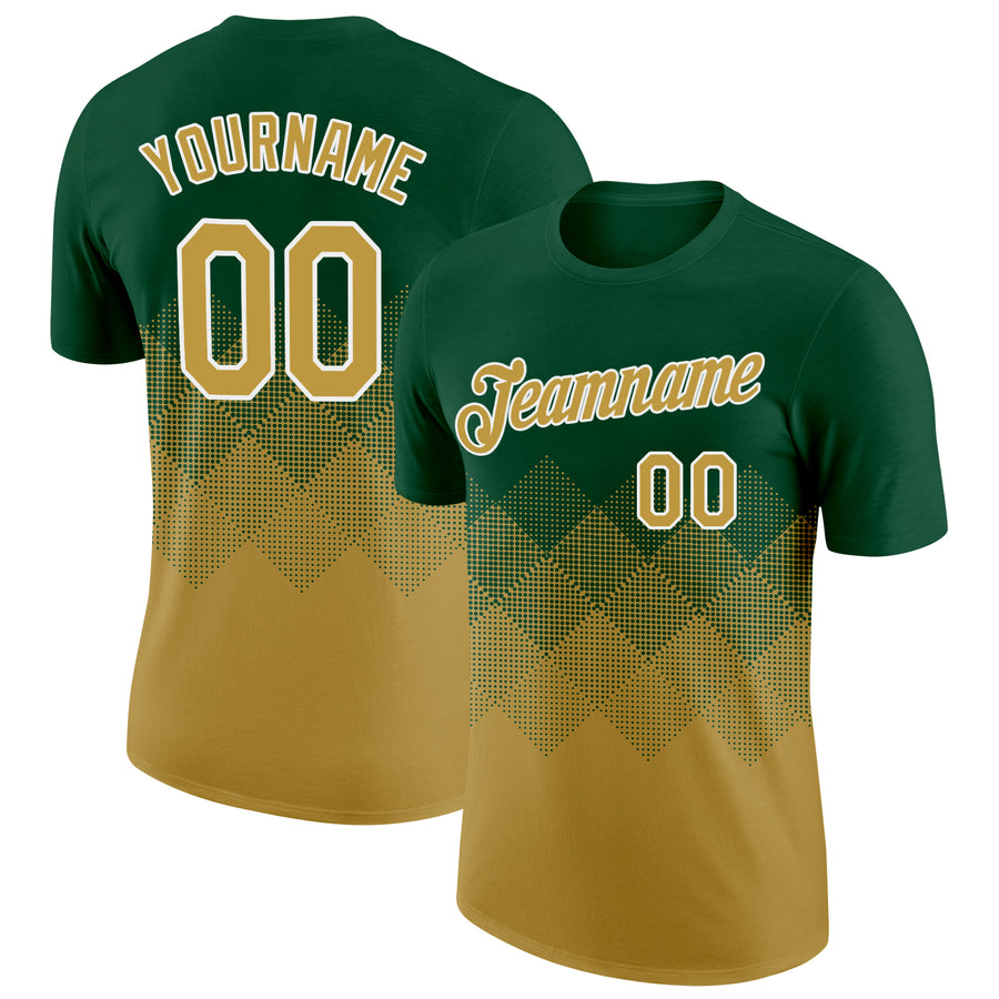 Custom Green Old Gold-White 3D Pattern Design Gradient Square Shapes Performance T-Shirt