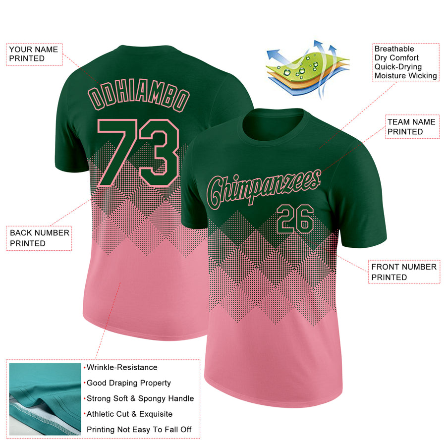 Custom Green Medium Pink 3D Pattern Design Gradient Square Shapes Performance T-Shirt