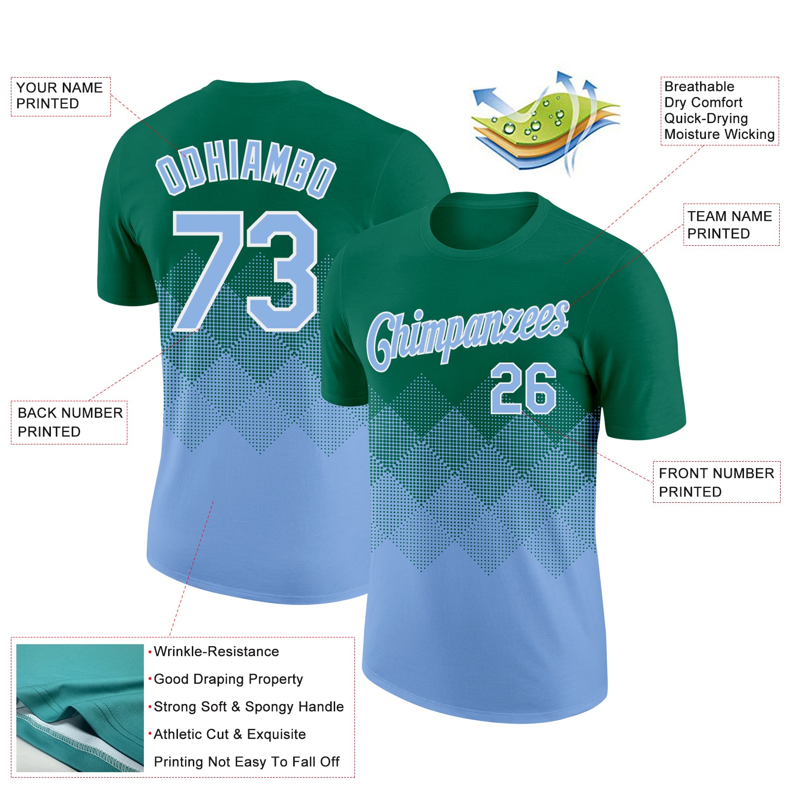 Custom Kelly Green Light Blue-White 3D Pattern Design Gradient Square Shapes Performance T-Shirt