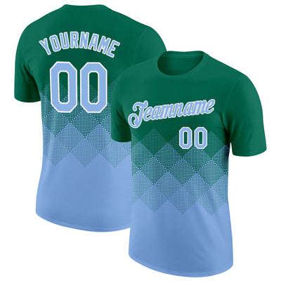 Custom Kelly Green Light Blue-White 3D Pattern Design Gradient Square Shapes Performance T-Shirt