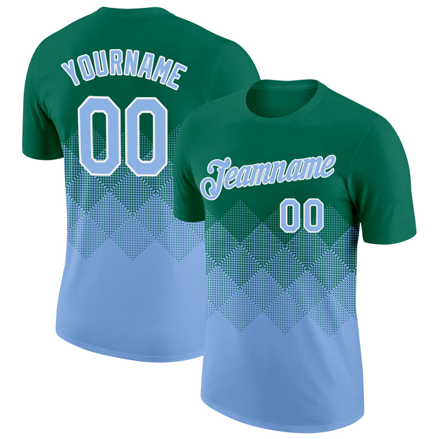 Custom Kelly Green Light Blue-White 3D Pattern Design Gradient Square Shapes Performance T-Shirt