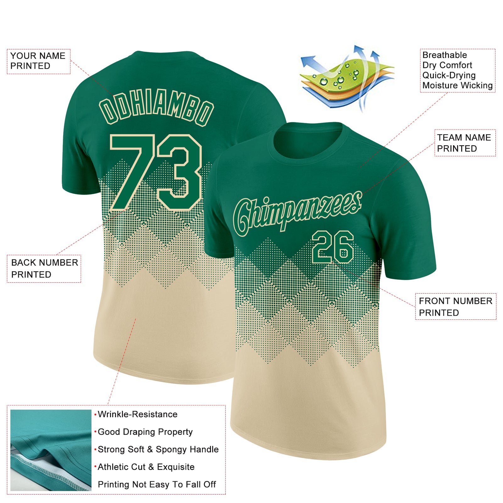 Custom Kelly Green Cream 3D Pattern Design Gradient Square Shapes Performance T-Shirt