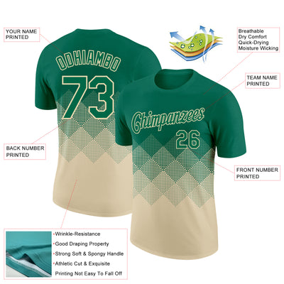 Custom Kelly Green Cream 3D Pattern Design Gradient Square Shapes Performance T-Shirt