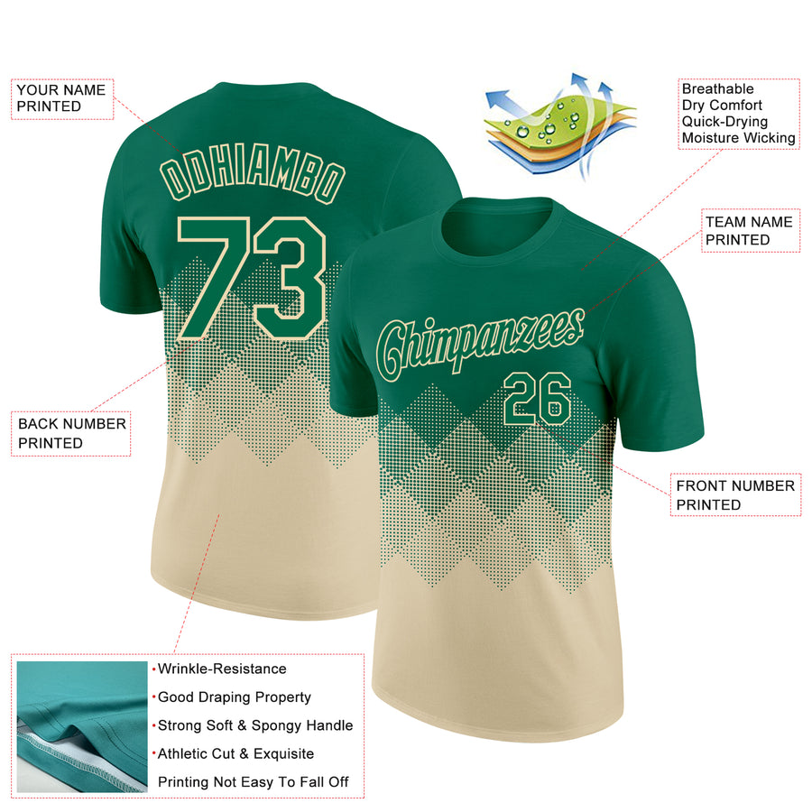 Custom Kelly Green Cream 3D Pattern Design Gradient Square Shapes Performance T-Shirt