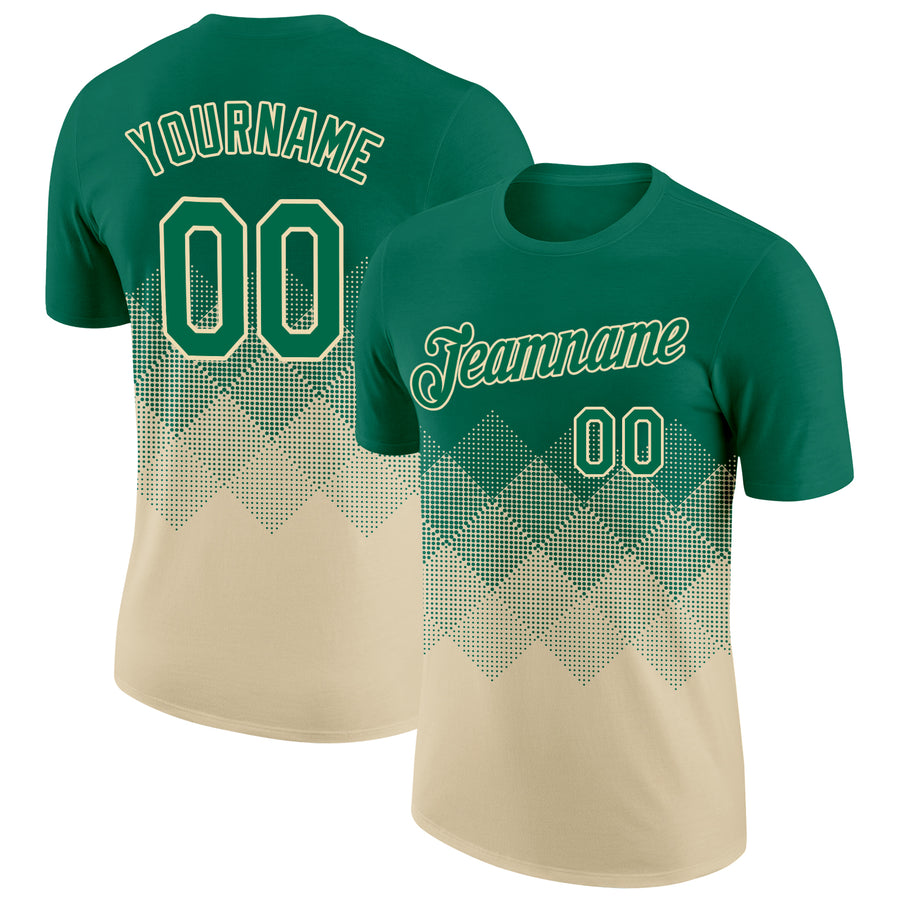 Custom Kelly Green Cream 3D Pattern Design Gradient Square Shapes Performance T-Shirt
