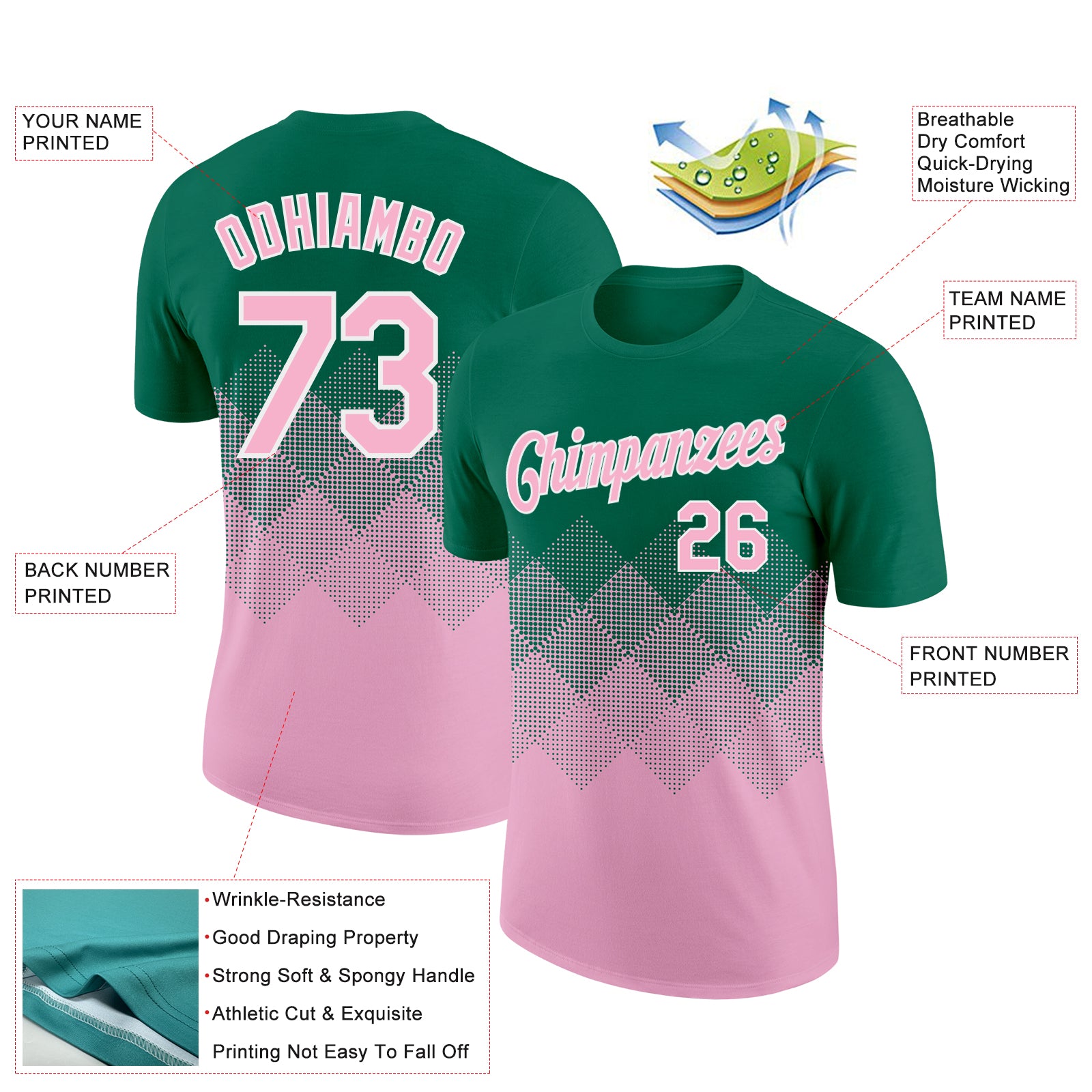 Custom Kelly Green Light Pink-White 3D Pattern Design Gradient Square Shapes Performance T-Shirt